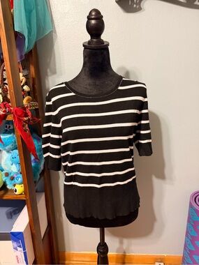 White House Black Market Black and White Striped Short Sleeve Knit Top